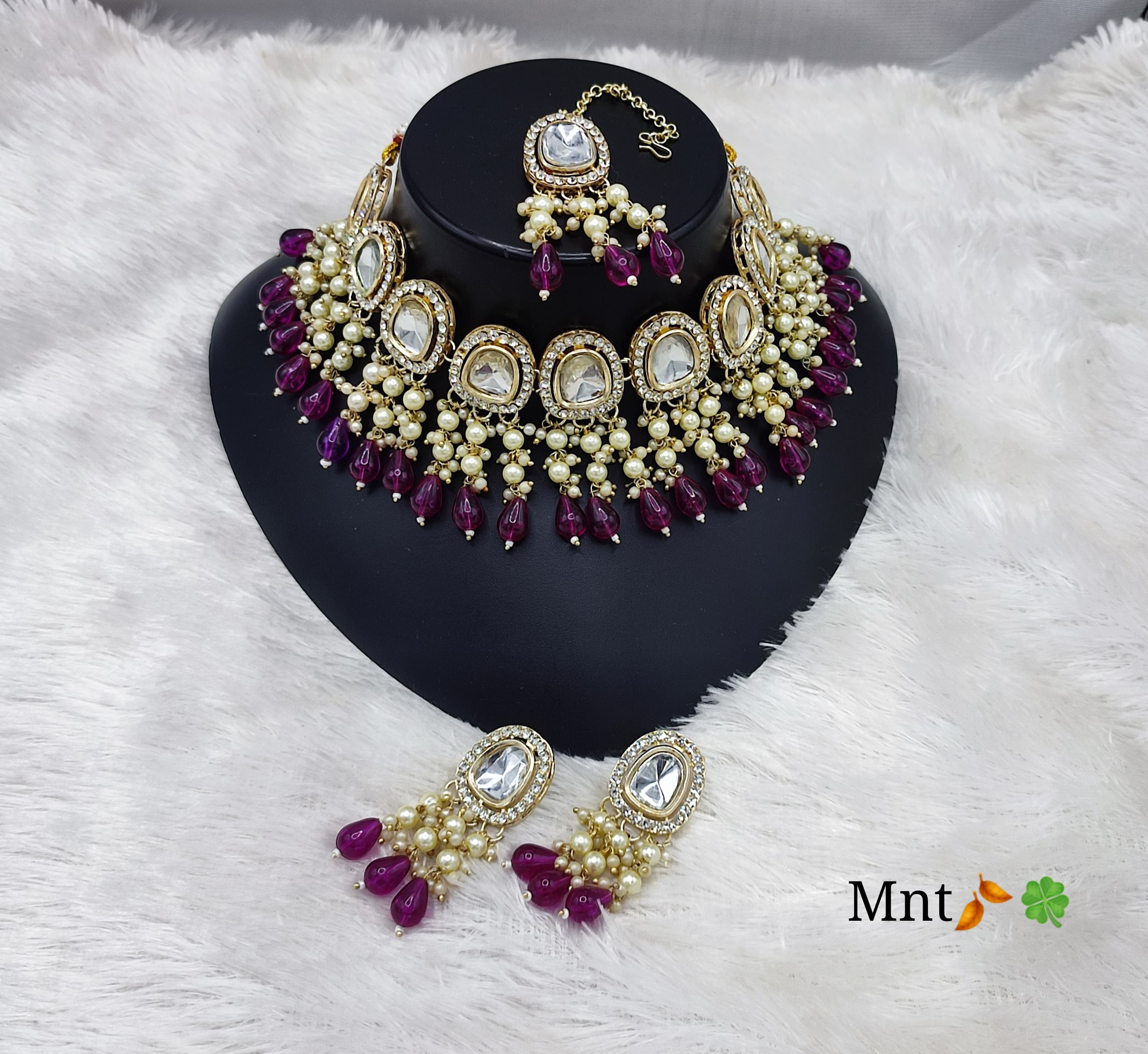 Wine Beads & Pearl Clusters Jewellery Set